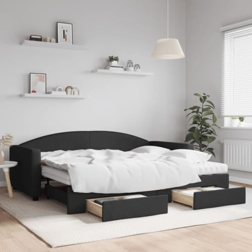 Bucmath Utdragbar dagsäng, med lådor, svart, 90 x 200 cm, tygöverdrag, bäddsoffa med skummadrass, möbler för sovrum