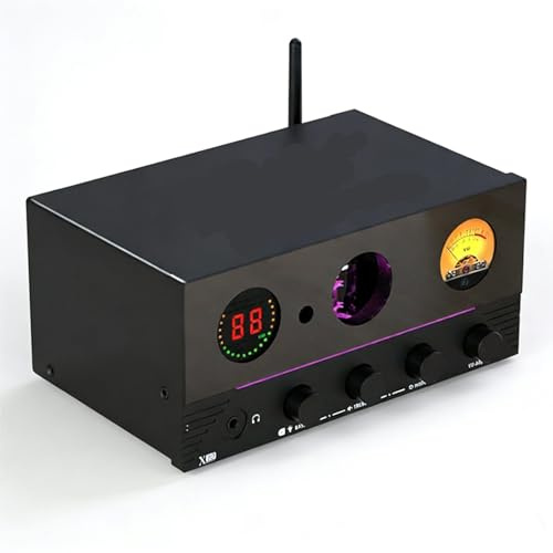 Röhrenkopfhörerverstärker, Röhrenkopfhörerverstärker, 4-in-1-HiFi-Audioverstärker, mit VU-Meter, Bluetooth 5.4 + Fernbedienung, 7-Umgebungsbeleuchtung, for Heimkino, Passive Lautsprecher.(Black)