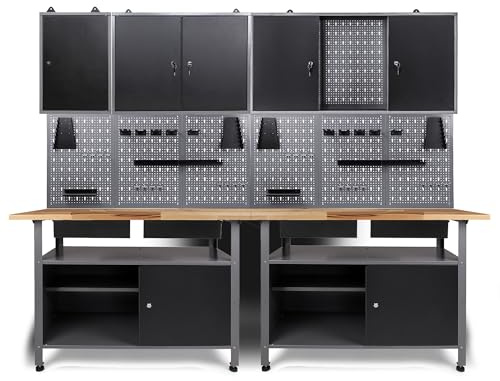 Ondis24 Werkstatteinrichtung Werkstatt Set Werkbank Fritz Hängeschrank Werkzeugwand Metall Schwarz Grau (Hängeschrank Ben & Tim, 242 cm), Buchenholzarbeitsplatte