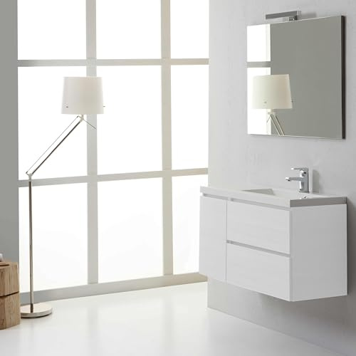 Kiamami Valentina - Meuble de Salle de Bain Suspendu 90cm Blanc forêt, 2 tiroirs et 1 Porte, lavabo avec Vasque à Droite et Miroir 90x70 | Manhattan