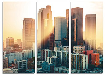 Paul Sinus Art 130x90cm – Keilrahmenbild Los Angeles skyline Wolkenkratzer Sonnenuntergang 3teiliges Wandbild auf Leinwand und Keilrahmen - Fotobild Kunstdruck Artprint
