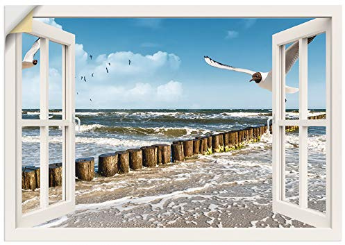 ARTland Wanddeko Wandtattoo selbstklebende Vinylfolie Fensterblick Fenster Strand Meer Maritim Ostsee Möwe Himmel T5QT
