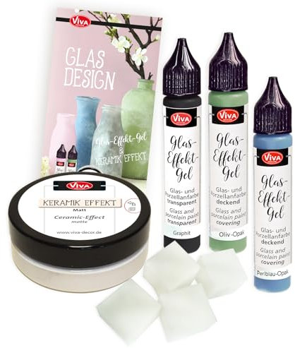 Viva Decor Glas-Design Set (Mystic Morning) – Satine Mattglas Glasmalfarbe mit Frost-Effekt & Keramik Grundierung zur Gestaltung von Teller Tassen & anderem Geschirr & Porzellan