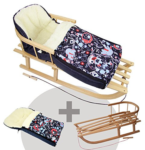 BAMBINIWELT Kombi-Angebot Holz-Schlitten mit Rückenlehne & Zugseil + universaler Winterfußsack (108cm), auch geeignet für Babyschale, Kinderwagen, Buggy, aus Wolle im Eulendesign (Motiv $9)