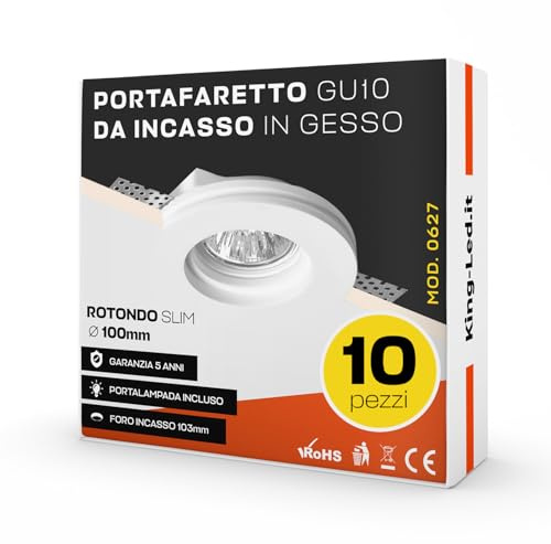 King Led - 10x Portafaretto Tondo Slim in Gesso CERAMICO da Incasso per GU10 e MR16 per Controsoffitti cod. 0627