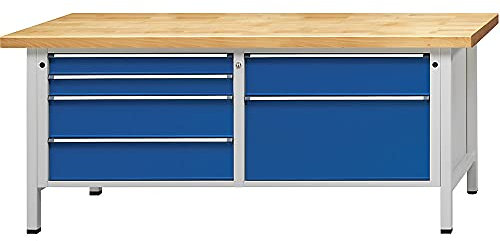Werkbänke 2000 mm breit, Gestellbauweise, 6 Schubladen, Buchemassivplatte, Höhe 890 mm.