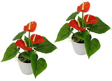 Flair Flower Mini Anthurie im Topf, 2er Set, Rot, Kunst-Blume, Flamingo, Künstliche Pflanze, Polyester, Kunststoff, 20 cm hoch, 16 cm breit