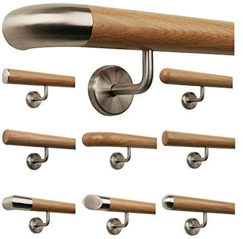 TIBU Pasamanos de madera de roble 0,3m - 6m, longitud 70 cm, extremo en arco de acero inoxidable y 2 soportes en ángulo