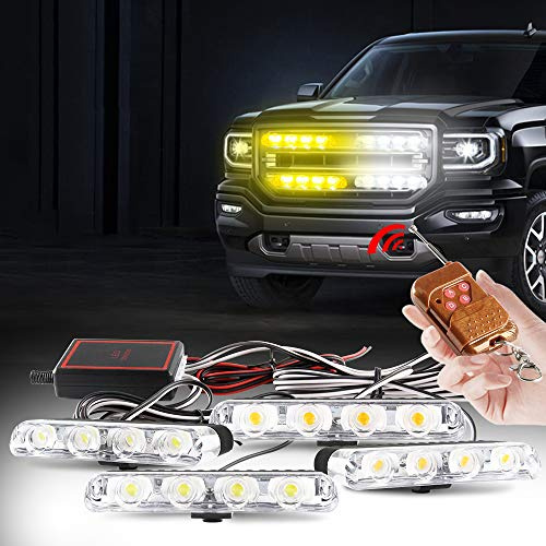 yifengshun Giroscopio LED 4 in 1 Telecomando Wireless DC12V -luce stroboscopica luci DRL lampeggiante magnetico di emergenza segnalazione luci per auto veicolo (Ambre & bianco)