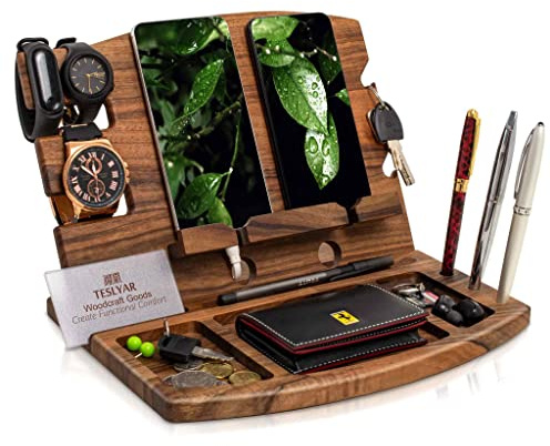 Regalo da Uomo Supporto per telefono Doppia Docking Station per Telefono con Ganci Natale Regalo da Uomo regalo per Marito Anniversario Regalo per papà Supporto da comodino in noce naturale (Bronzo)