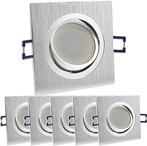 6x LED Einbaustrahler Set eckig - silber gebürstet 5 Watt warmweiß dimmbar 230V flach (30mm Tiefe) - Leuchte schwenkbar 68mm - Spot Decken-Strahler
