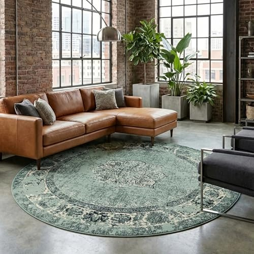 Vintage Teppich Rund - Wonder Grün Schwarz - Ø 150 cm | Synthetik, Polypropylen - Kurzflor - Vintage - Klassik, Orientalisch - Wohnzimmer, Esszimmer, Schlafzimmer