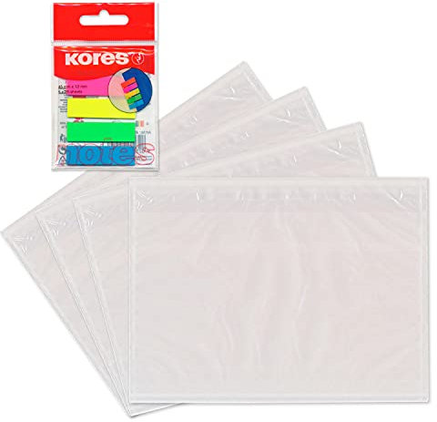 WPTrading - 500 x Lieferscheintaschen 310 x 240 mm DIN C4 Transparent inkl. 125 Page-Marker in 5 Farben - Dokumenten-Taschen selbstklebend, blanko - Begleitpapiertaschen für Versand