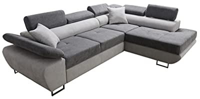 Robin Saturn Premium Ecksofa Schlaffunktion Bettkasten Verstellbare Kopfstützen Kissen Sofa L-Form Schlafsofa Eckcouch Schlafcouch Wohnzimmermöbel Wohnlandschaft Rechts Silber Anthracite