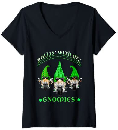 Womens Biker St. Patricks day Biker Gnomes Garden gnome Friends V-Neck T-Shirt