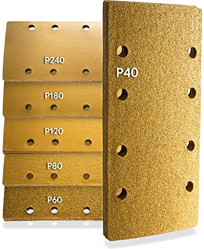 INNONEXXT Schleifpapier für Profi-Schwingschleifer Gold, 93 x 186 mm 60er-Set | Gold - Schleifblätter, Schleifpapier mit Absauglöscher, Klett Rückseite - Set 10 x P40, P60, P80, P120