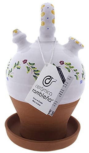 CERÁMICA RAMBLEÑA | Pichet en Argile Rouge | Pichet Décoré Poignée Ronde Base Tournée Bordure Vert-Jaune - Modèle D07 de La Rambla (Córdoba) | 100% Fait Main | 3.5 litres | Écho | Plaque Incluse
