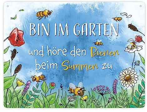 Bin im Garten Metallschild XXL in 28x38 cm mit Blumenwiese und Bienen als Dekoration für den Garten oder den Gartenzaun im Frühling