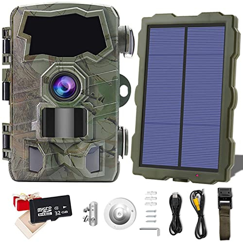 WiFi Wildkamera 4K HD 32MP 1080P Bluetooth Jagdkamera Nachtsicht 65 Fuß 0,2 s Bewegungsmelder 120° Weitwinkel IP66 Wasserdicht Jagd Überwachungskamera mit Solarpanel und 32G Speicherkarte