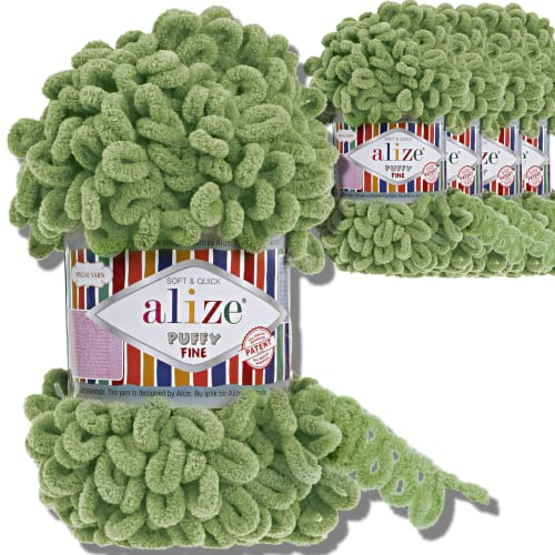 Alize 5x 100g Puffy Fine türkische Wolle Super Bulky Chenillegarn Babywolle Handstrickgarn ohne Nadel zum häkeln weiches Chenille-Garn XXL-Knäuel für Amigurumi (Turtle Green | 485)