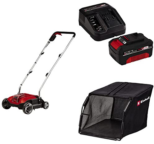 Einhell Akku-Vertikutierer GC-SC 18/28 Li Power X-Change (18 V, Brushless, 28 cm Messerwalze, 3-stufige Arbeitstiefeneinstellung, inkl. 4,0 Ah Akku, Ladegerät und Fangsack)