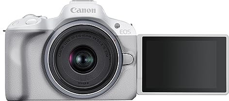 Canon EOS R50 Systemkamera + RF-S 18-45 is STM Objektiv - Spiegellose Kamera (Digitalkamera mit Autofokus und Motiverkennung für Augen Tiere Fahrzeuge, 4k Videokamera, 15 Bilder pro Sekunde) weiß