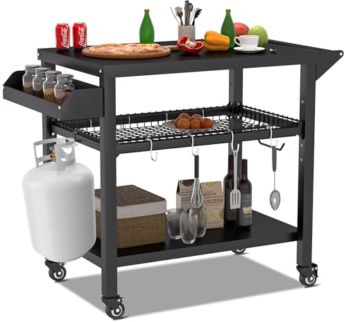 Spurgehom Carrello per grill, tavolo da forno per pizza con ruote, tavolo mobile da cucina per esterni, carrello per barbecue, con griglie in rete, per feste in casa, bar, campeggio