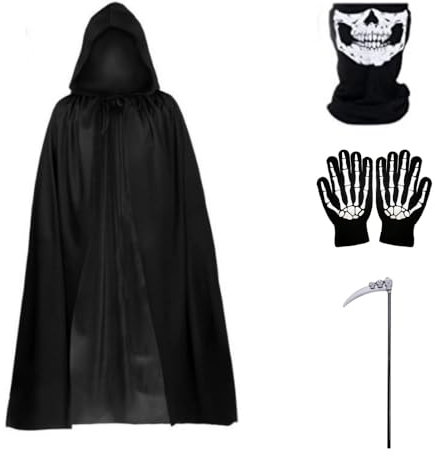 Veroda Sensenmann Kostüm für Halloween Cosplay Kapuzenumhang Handschuhe Sense (Kinder)