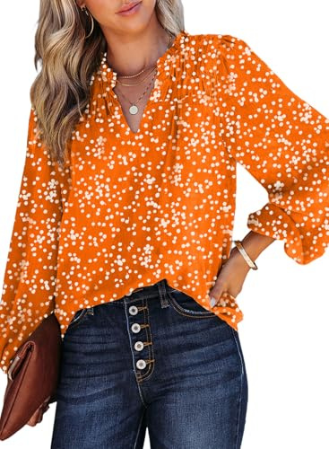 Dokotoo Womens Work Business Chiffon Blouses and Tops Loose Fit Dressy Alicia Floral Print V Neck Smocked Long Sleeve Shirts for Women Office Boho Top Trendy Vitality Orange Large