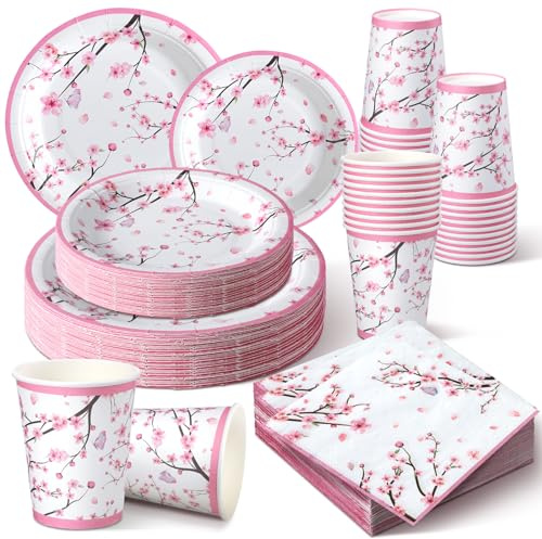 Hsei Lot de 250 assiettes et serviettes de table jetables en forme de fleur de cerisier - Pour 50 invités - Vaisselle pour fête prénatale