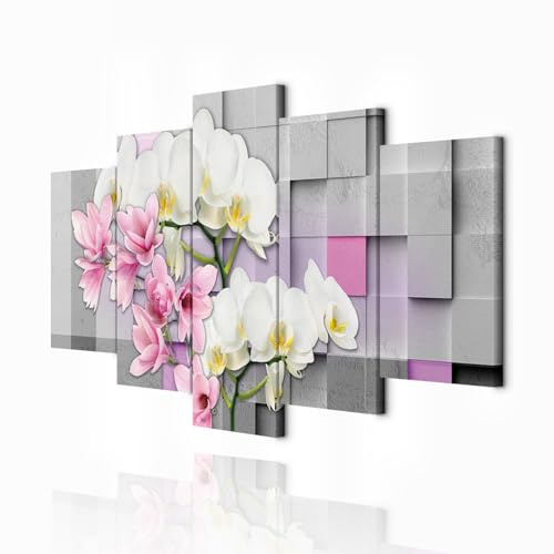 decomonkey Bilder Blumen Abstrakt 200x100 cm 5 Teilig Leinwandbilder Lilie | Bild auf Leinwand, Wandbild, Kunstdruck, Wanddeko, Wohnzimmer, Wanddekoration