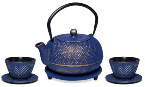 MAOCI Akita Service à thé en fonte Bleu/doré 0,7 l + 2 tasses et dessous de verre en fonte