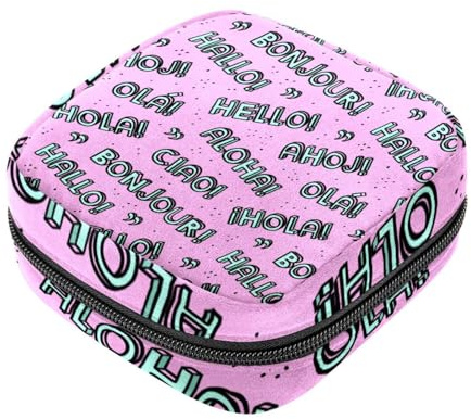 Hello Different Language Pink First Period Kit for Girls, Tampon Pantyliners Menstrual Purse, Nursing Pad Holder with Zipper, Sanitary Collect Napkin Bag Organizer