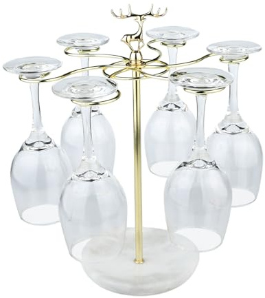 Wine Glass Holder, 6 Hooks Marble Base Stemware Rack Freestanding Tabletop Glass Storage Display Hanger for Kitchen Bar Dinning Room