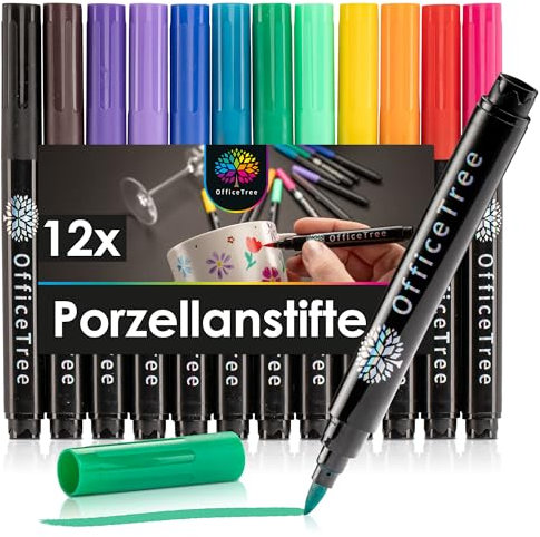 OfficeTree 12 x Porzellanstifte Spülmaschinenfest - 12 Farben - Pinselspitze - Glas und Porzellanstifte auf Wasserbasis - Keramikstifte spülmaschinenfest für Porzellan, Keramik & Glas - Porcelain Pen