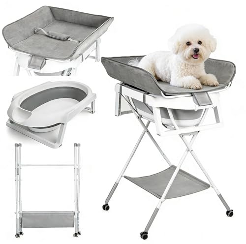 Station de Lavage surélevée pour Chien, Baignoire Pliable Animaux Compagnie Le Bain et toilettage, Portable avec Trou Drainage Petits Chiens, Chats, Compagnie, 3 Hauteurs Réglables, avec roues Gris