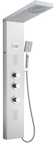 Duschpaneel LED, OUGOO 6 Funktionen Duschpaneel mit Armatur, Temperaturanzeige, Regendusche, Nebeldusche, 2 Modi Massagedüsen, Handbrause und Wanneneinlauf, Edelstahl Duschpaneele Komplett, Gebürstet