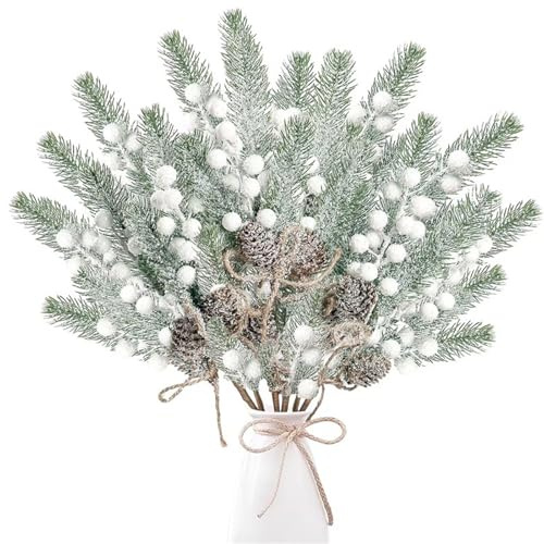 6 Stück Künstliche Beerenstängel Schnee Gefrostet Künstliche Tannenzweige | Stechpalmenbeeren Tischdeko Weihnachten Adventskranz Tannenzapfen Deko Kränze GesteckeHerbstparty Blumenarrangement (Weiß)