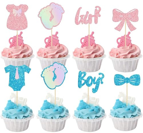 PINEPAN Junge oder Mädchen Cupcake Toppers Glitzer Blau und Rosa Junge oder Mädchen Gender Reveal Fußabdruck Kuchendekorationen für Babyparty 24 Stück