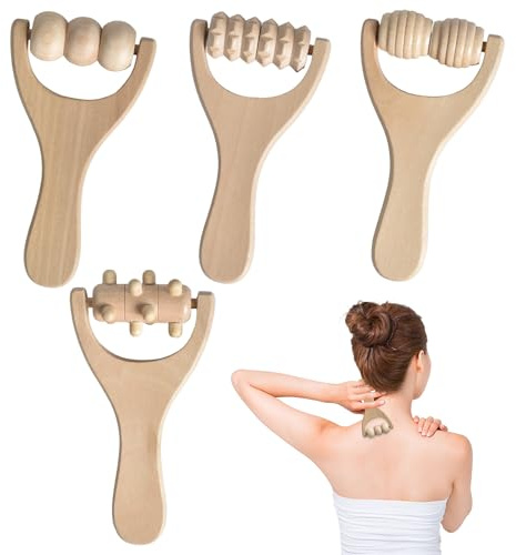 4 Stück Holz Massageroller,Faszienrolle mit Griff Massageroller Beine Massagerolle Massage Rolle,Massage Roller mit Griff für Nacken Schulter Beine Füße Gesicht Rücken
