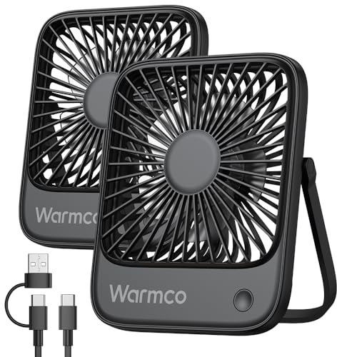 Warmco USB Desk Fan 2Pack, USB C Corded Powered Small Personal Fan, Strong Airflow Quiet Operation, 3 Speeds Wind With 180° Tilt Folding for Office Table Home(No battery)