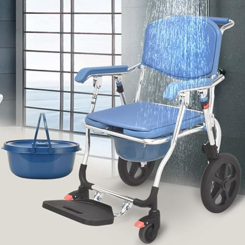 Miuxe Duschstuhl Klappbar Toilettenstuhl Toilettenstühle Fahrbar Für Patienten Senioren Behinderte Schwangere, Toilettenrollstuhl WC Rollstuhl Mit Sperren Rollen Und Abnehmbarem Eimer