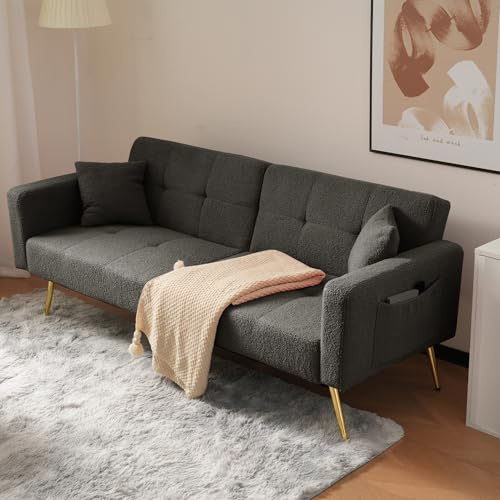 BTM Sofa Bed, 3 Seater Sofa Settee Couch with 3 Adjustable Backrest Angles, Gold Legs, Cushions and Side Storage Pockets, Dark Grey Sharpa Surface