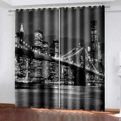 Lirzxin Gardinen Blickdicht 229 cm Lang, Vorhänge Verdunkelung mit Ösen 2er Set Dunkelgrau Stadt Brücke Gebäude Landschaft Vorhang für Kinderzimmer Wohnzimmer Schlafzimmer, 96x229 cm(BxH)
