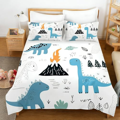 Juego de Motivos de Dinosaurios 135x200 con Funda de Almohada, Juego Dinosaurios Animados de Dinosaurios 135x200 para, Cama Reversible Motivos de Dinosaurios (D, 135x200cm)