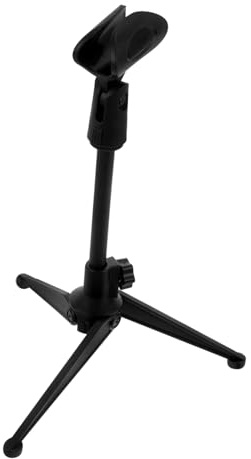 Mikrofonständer aus Kunststoff mit Klemme, Dreibein für Tisch | Höhenverstellbar von 21 bis 27, 5cm, Klemmweite 30 bis 40mm, Schwarz