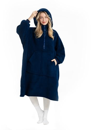 Winthome Lengthen Oversized Blanket Hoodie for Women Men Adult, Sherpa Fleece Wearable Blanket with Zipper, Gift for Family Friends (Navy Blue, Adult size)