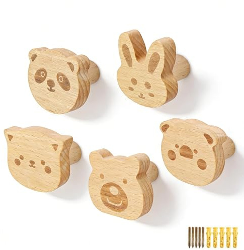 MUNTE 5 Stück Garderobenhaken Kinder Cartoon-Tierform, Kleiderhaken Wand aus Holz, Wandhaken Holz Tragkraft 3-5 kg, Wird mit Spreizrohr Und Schrauben, für Schlafzimmer, Wohnzimmer, Schrank