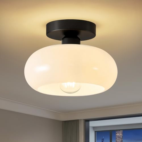 Moderne Weiße Glas Deckenleuchte,Schwarz Mit Metallsockel, E27, (22 CM)
