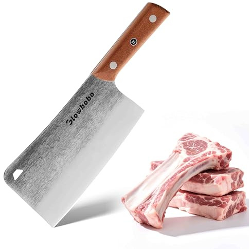 Glowbobo 7.6 Inch Heavy Duty Meat Cleaver, 5CR15 High Carbon Stainless Steel Butcher Knife for Chopping Bone, Meat - with Gift Box, Professional Kitchen BBQ Chef Knife